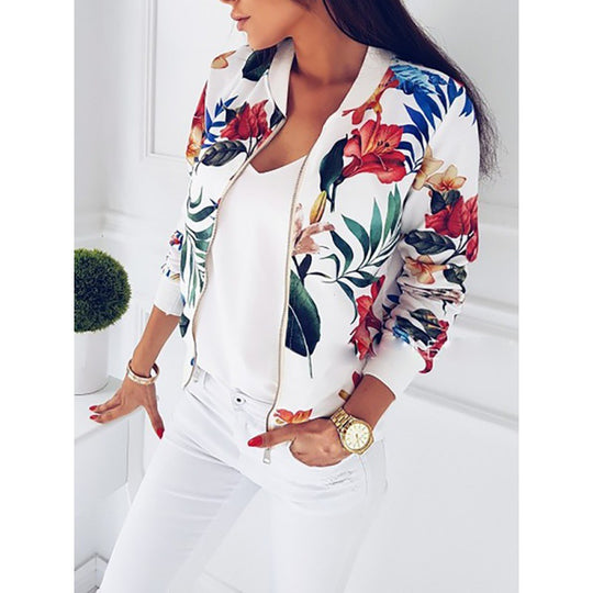 Damen Leichte Bomberjacke mit floralem Allover‑Print, Reißverschluss und Rippbündchen EB
