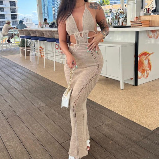 Damen Häkel-Maxikleid mit Cut-Outs und Neckholder EB