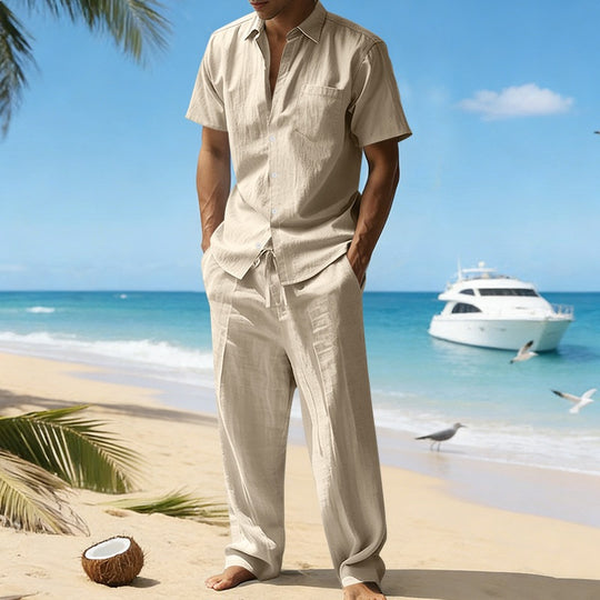 Herren nan resort-taugliches Kurzarm-Hemd mit Brusttasche und lässiger Leinen-Kordelhose EB