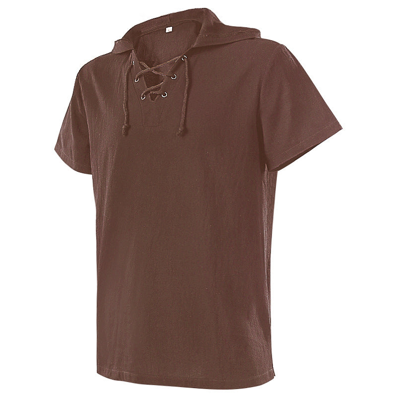 Herren nan lässiges Kurzarmshirt mit geschnürter V-Kehle, kurzem Stehkragen und weichem Baumwollmix Eb