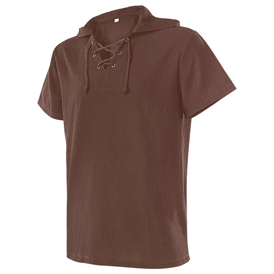 Herren nan lässiges Kurzarmshirt mit geschnürter V-Kehle, kurzem Stehkragen und weichem Baumwollmix Eb
