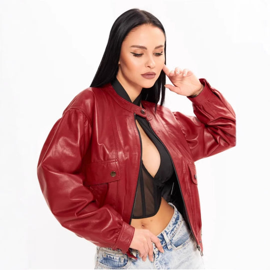 Damen klassische Kunstlederjacke im modischen Oversized-Schnitt EB