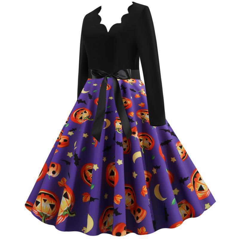 Damen Vintage Swingkleid mit Halloween-Kürbisprint und tailliertem Satinschärpenbund EB