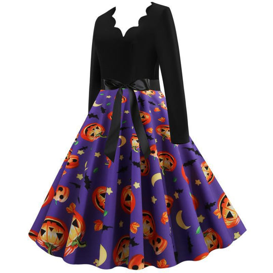 Damen Vintage Swingkleid mit Halloween-Kürbisprint und tailliertem Satinschärpenbund EB
