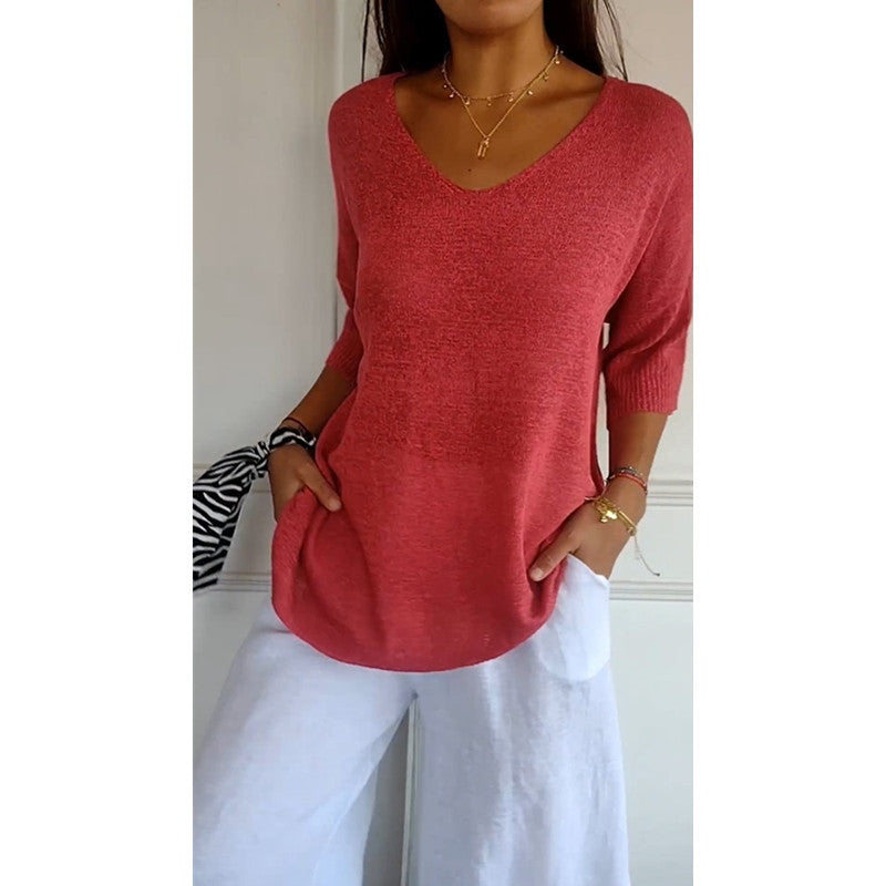 Damen nan locker sitzender V-Ausschnitt Feinstrickpullover mit dreiviertelÄrmeln EB