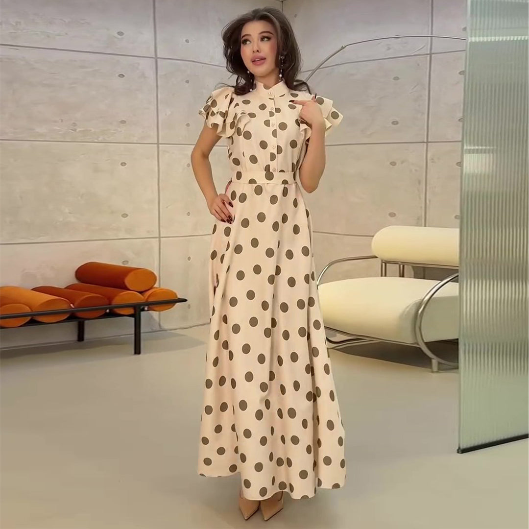 Damen Maxikleid mit voluminösen Rüschendetails und polka-dot Muster EB