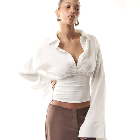 Damen nan taillierte Cropped-Bluse mit Hemdkragen und breitem Stretchbund EB