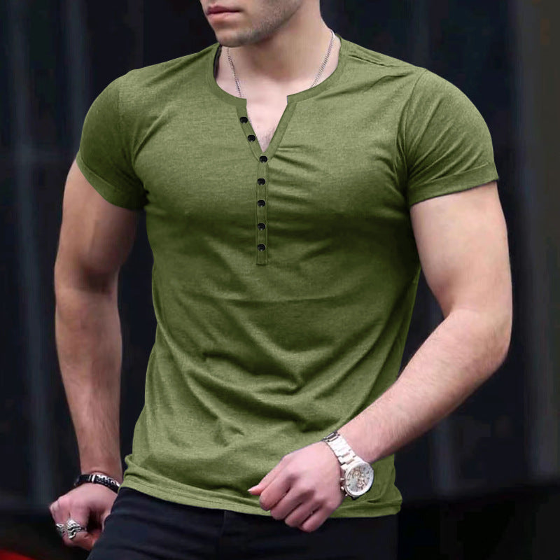 Herren Kurzarm-Henley-T-Shirt mit Knopfleiste und weichem Baumwollmaterial EB