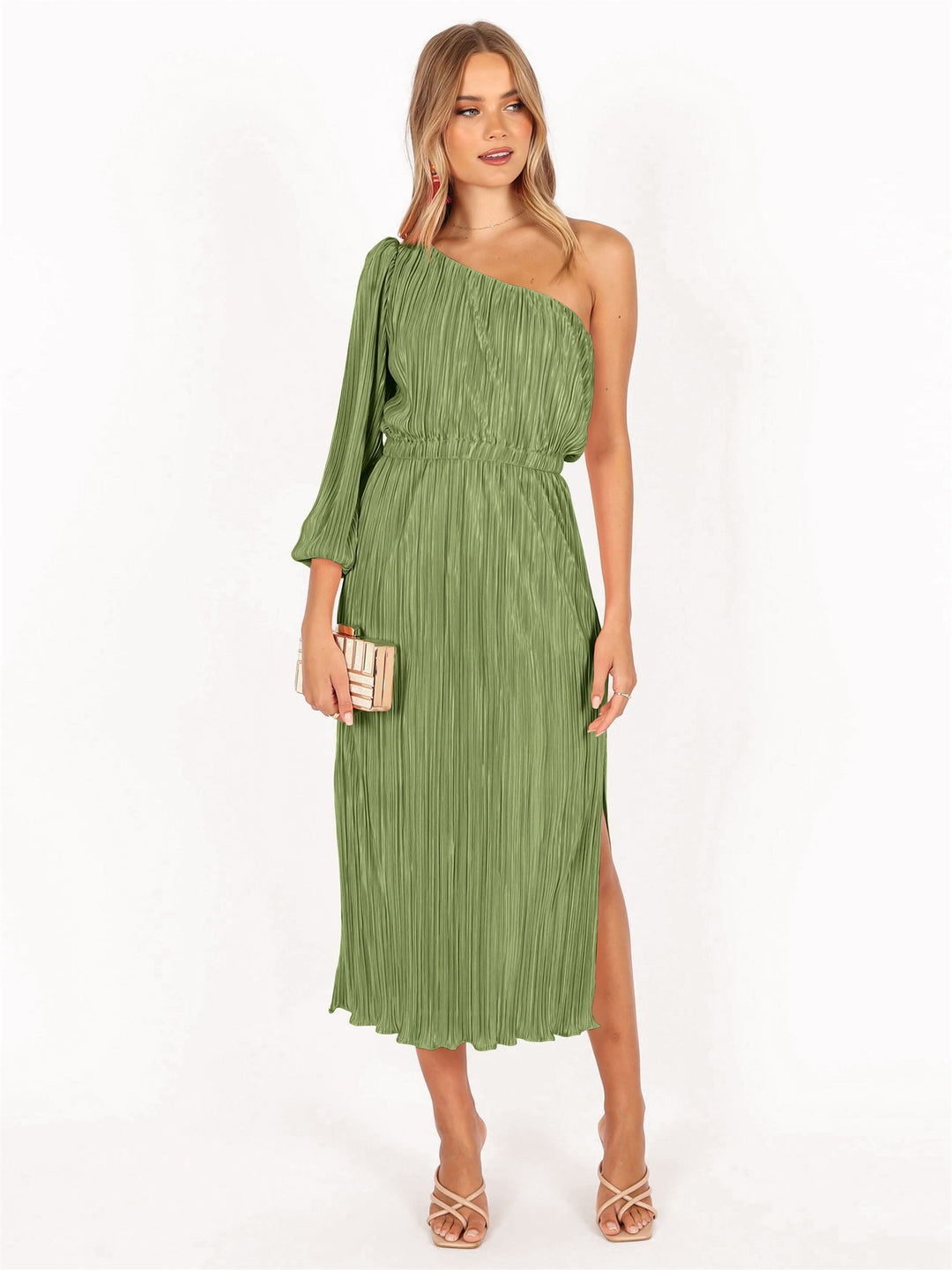 Damen Asymmetrisches Plisseekleid mit Taillengürtel EB