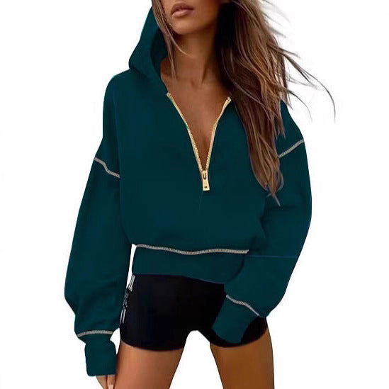 Damen nan cropped Kapuzenpullover mit halbem Reißverschluss und voluminösen Ballonärmeln EB