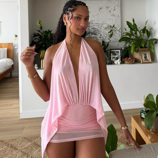 Damen kurzes lässiges Strandkleid mit tiefem V-Ausschnitt und fließender Silhouette EB