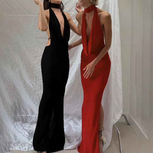Damen Elegantes Maxikleid mit tiefem V-Ausschnitt und seitlichen Cut-Outs EB