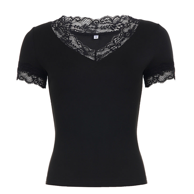 Damen Elegantes Spitzen-T-Shirt mit V-Ausschnitt und Kurzarm EB
