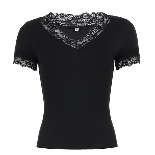 Damen Elegantes Spitzen-T-Shirt mit V-Ausschnitt und Kurzarm EB