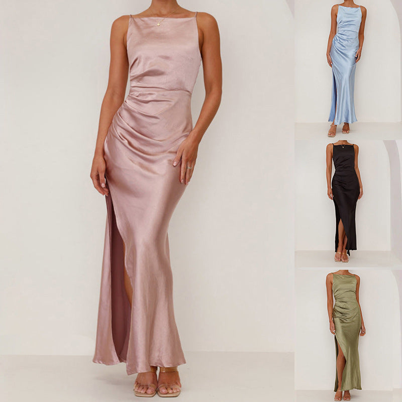 Damen Elegantes Satinabendkleid mit sexy Schlitz und raffiniertem Schnitt EB