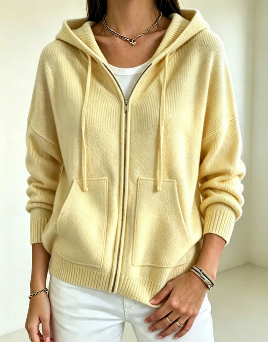 Damen Kapuzen-Wollmix Zip-Cardigan mit kastiger Passform und Kängurutaschen EB