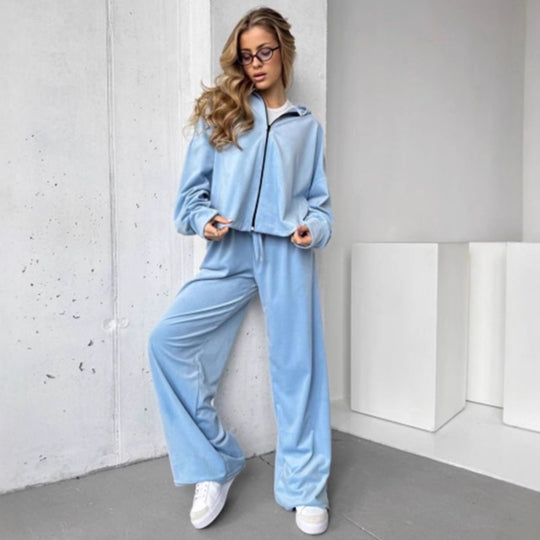 Damen weicher Velours Zweiteiler mit Kapuzenjacke und weiter Jogginghose EB