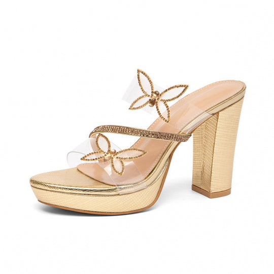 Damen Glamouröse High Heels mit funkelnden Blumenapplikationen und transparenten Riemen EB