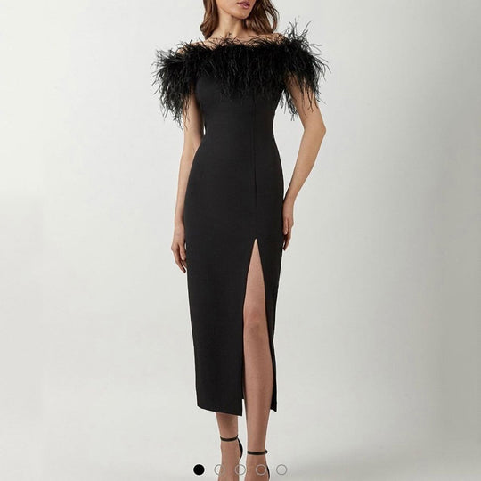 Damen Abendkleid mit federverziertem Oberteil und schlankem Schnitt EB