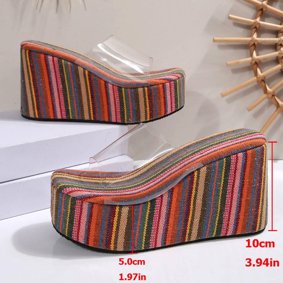 Damen Wedge-Pantoletten mit durchsichtigen Riemen und farbenfrohem Streifenmuster EB