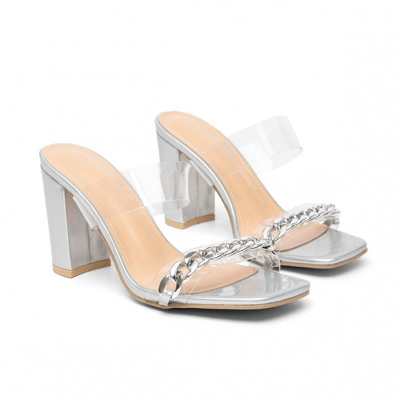 Damen transparente Slingback-Sandalen mit elegantem Blockabsatz und Metallkettendetail EB