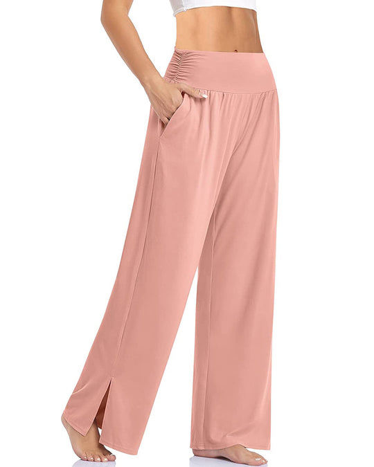 Damen nan weite Yogahose mit hohem Komfortbund, seitlichen Eingrifftaschen und seitlichem Bein-Schlitz EB