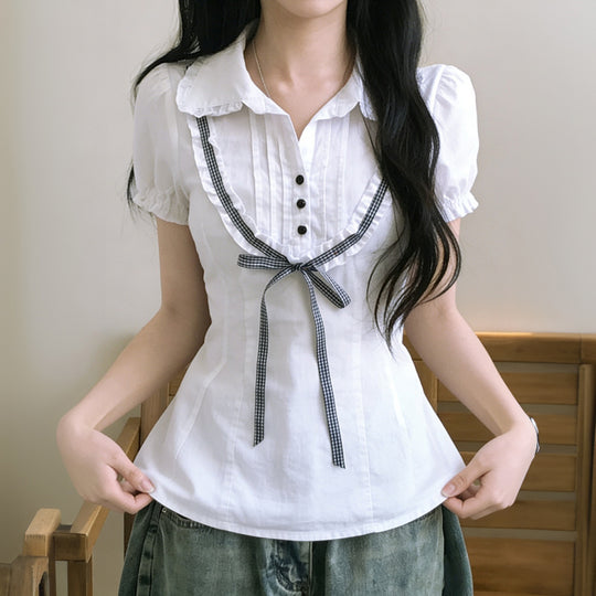 Damenbluse mit Rüschendetails und kontrastierendem Halsband EB