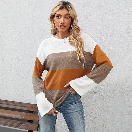 Damen lässiges Strickoberteil mit modischem Blockstreifen-Winterdesign EB
