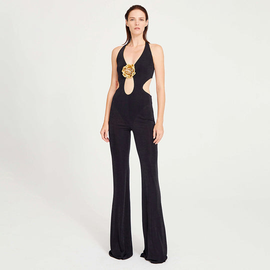 Damen Modischer Jumpsuit mit tiefem Ausschnitt und dekorativem Detail EB