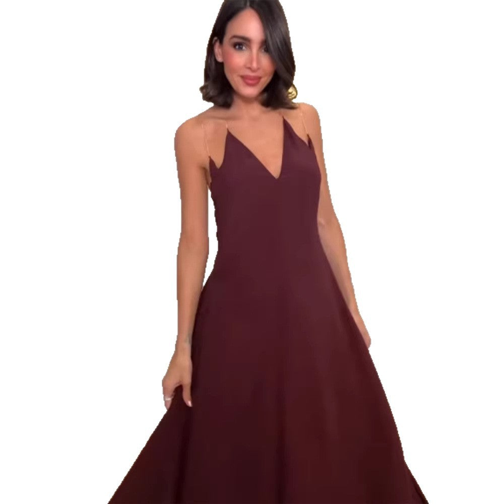 Damen elegantes Maxikleid mit tiefem V-Ausschnitt und fließendem Rock EB