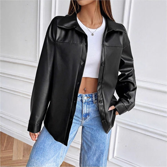 Damen modische Kunstlederjacke im schicken Oversized-Stil EB
