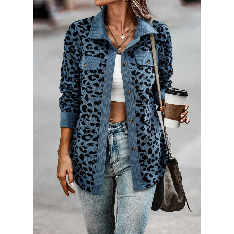 Damen tierisches Print-Langarm-Hemdjacke mit aufgesetzten Taschen EB