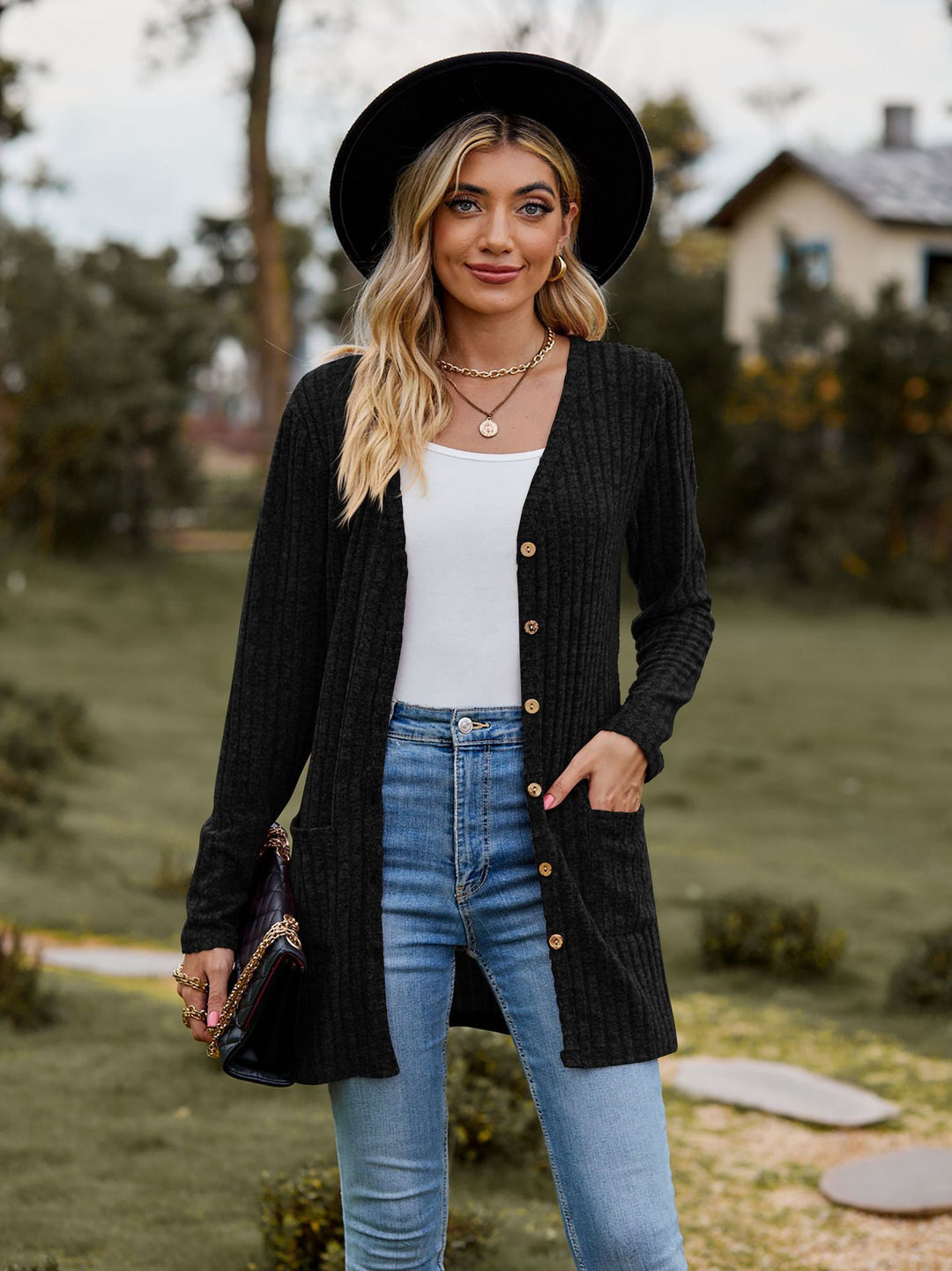 Damen nan langer gerippter Strickcardigan mit Eingrifftaschen und Holzknöpfen EB