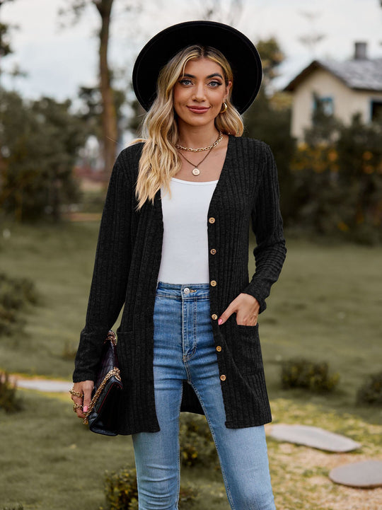 Damen nan langer gerippter Strickcardigan mit Eingrifftaschen und Holzknöpfen EB
