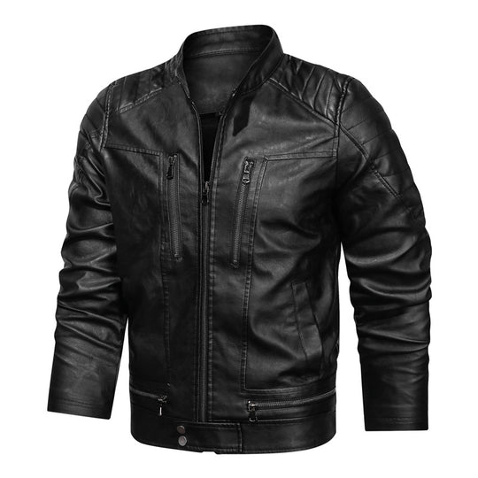 Herren Motorrad-inspirierte Lederoptikjacke mit Stehkragen und Ziernähten EB