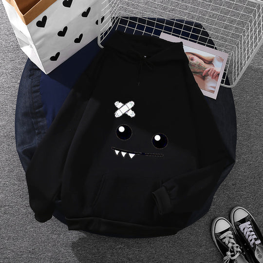 Damen nan Kapuzenpullover mit verspieltem Monstergesicht, Bandagen-Applikation und Kängurutasche EB