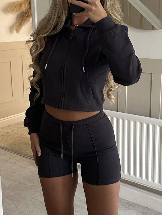 Damen nan lässiges Sweatshirt- und Short-Set mit dekorativen Schleifen-Applikationen, hohem Rundhalsausschnitt und Tunnelzugbund EB