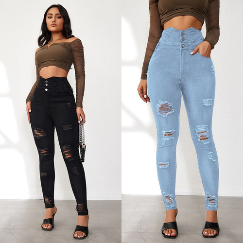 Damen High-Waist Jeans mit modischen Riss- und Knopfdetails EB