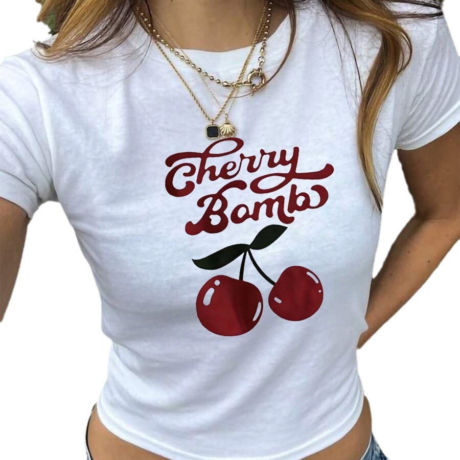 Damen Crop-T-Shirt mit fröhlichem Kirschmotiv und lockerer Passform EB