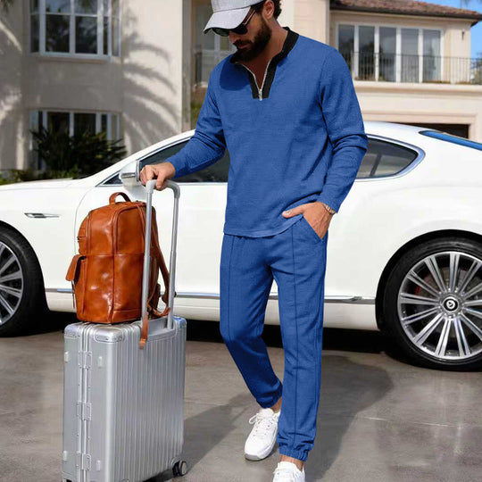 Herren Leichtes Henley-Loungewear-Set mit Kontrastkragen, Tunnelzug-Jogger und elastischen Bündchen EB