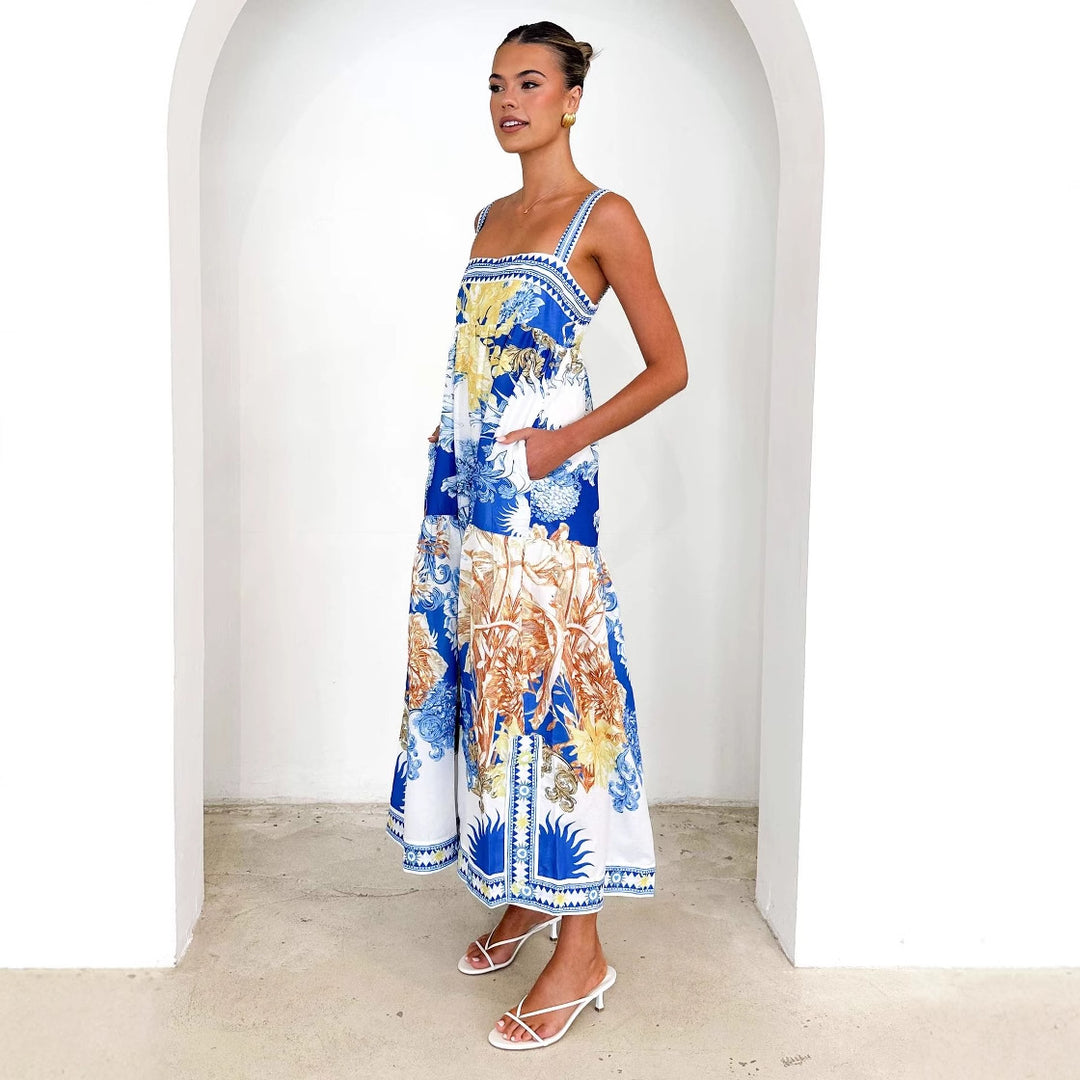 Damen Maxikleid mit floralem Muster und schmalen Spaghettiträgern EB