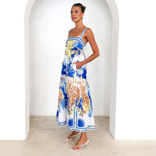 Damen Maxikleid mit floralem Muster und schmalen Spaghettiträgern EB