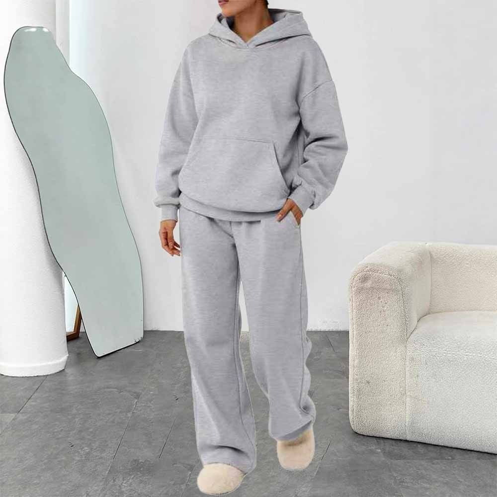 Damen nan zweiteiliges Freizeit-Lounge-Set mit Kapuzenpullover, Kängurutasche und gerader Loungehose aus weichem Baumwollmix EB