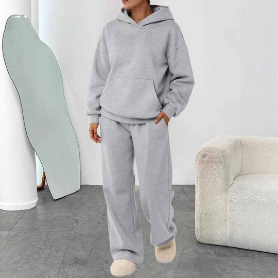 Damen nan zweiteiliges Freizeit-Lounge-Set mit Kapuzenpullover, Kängurutasche und gerader Loungehose aus weichem Baumwollmix EB