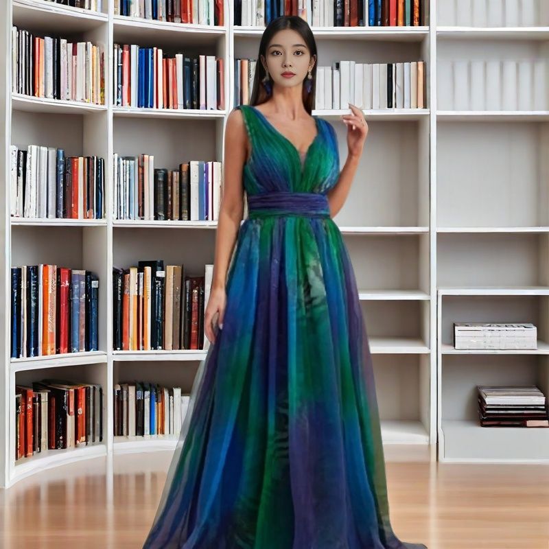 Damen Elegantes Abendkleid mit schimmernden Tüll-Lagen und tiefem V-Ausschnitt EB