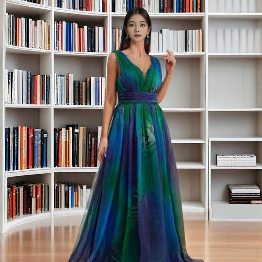 Damen Elegantes Abendkleid mit schimmernden Tüll-Lagen und tiefem V-Ausschnitt EB