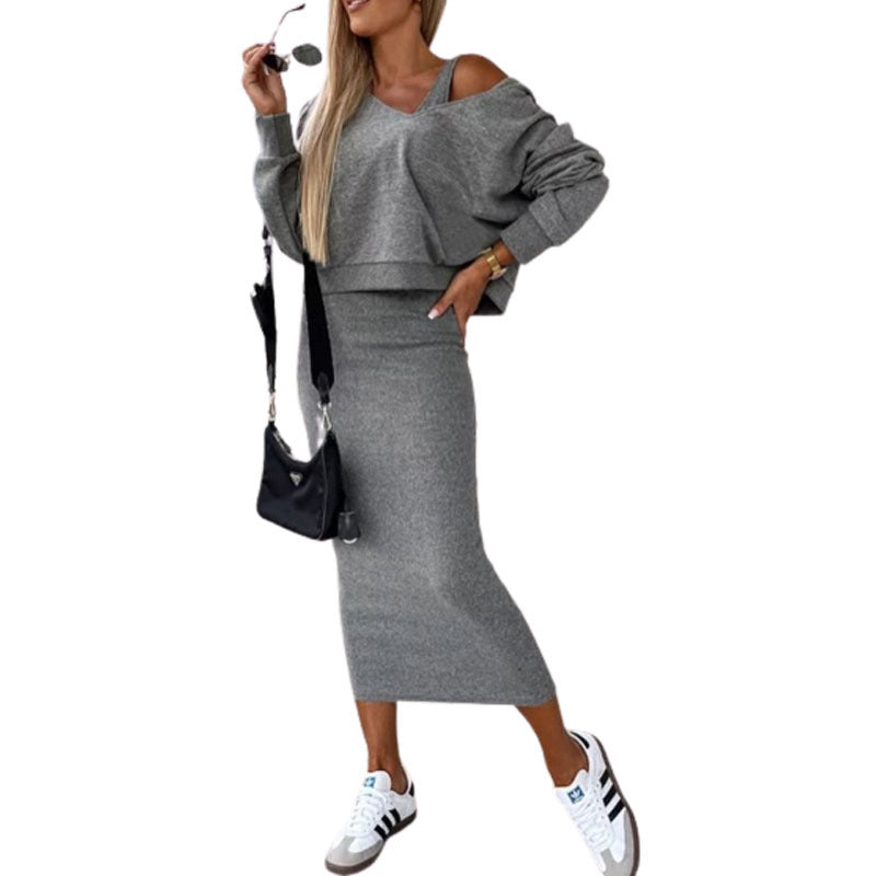 Damen lässiges Set aus cropped Pullover und figurbetonendem Midi-Rock EB