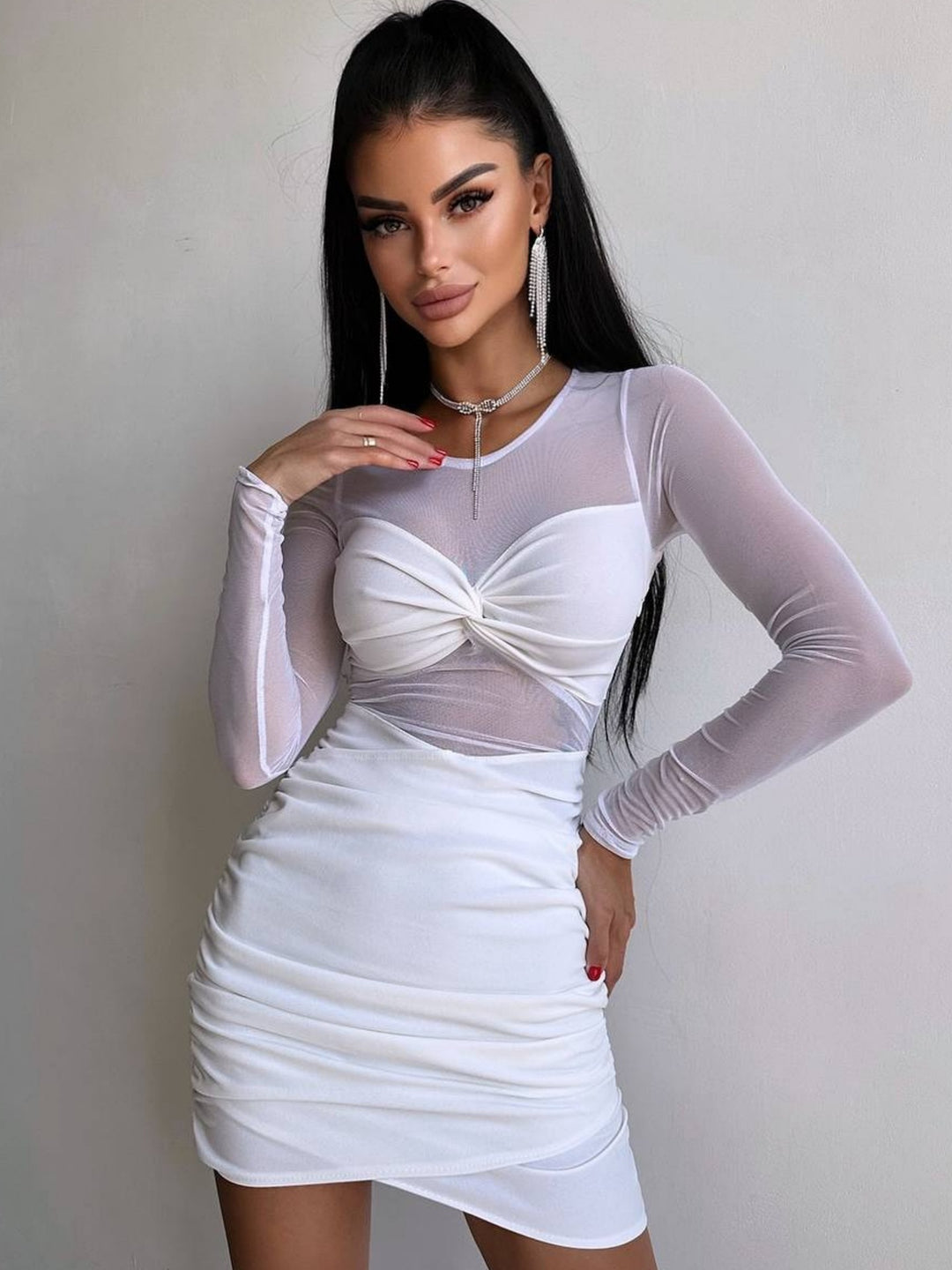 Damen figurbetontes Kleid mit langem Arm und raffiniertem Verknotungsdetail EB