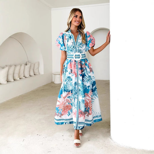 Damen Maxikleid mit hohem Kragen und eleganten Puffärmeln EB