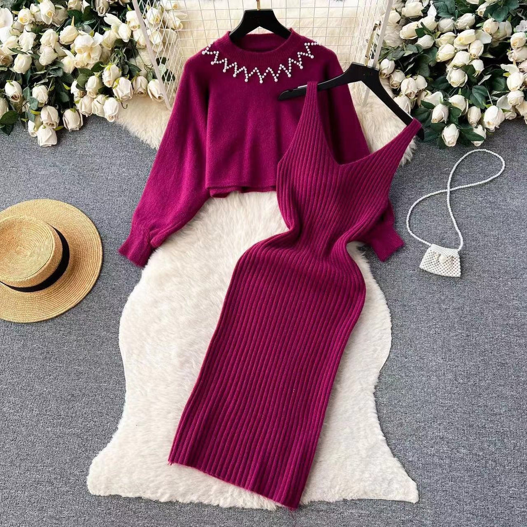 Damen Elegantes Strickkleid mit raffinierter Ribstruktur und stylischem Crop-Pullover EB